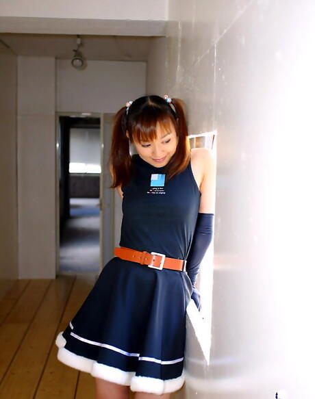 Svelte japanese teen Akane bares small tits and hairy beaver 